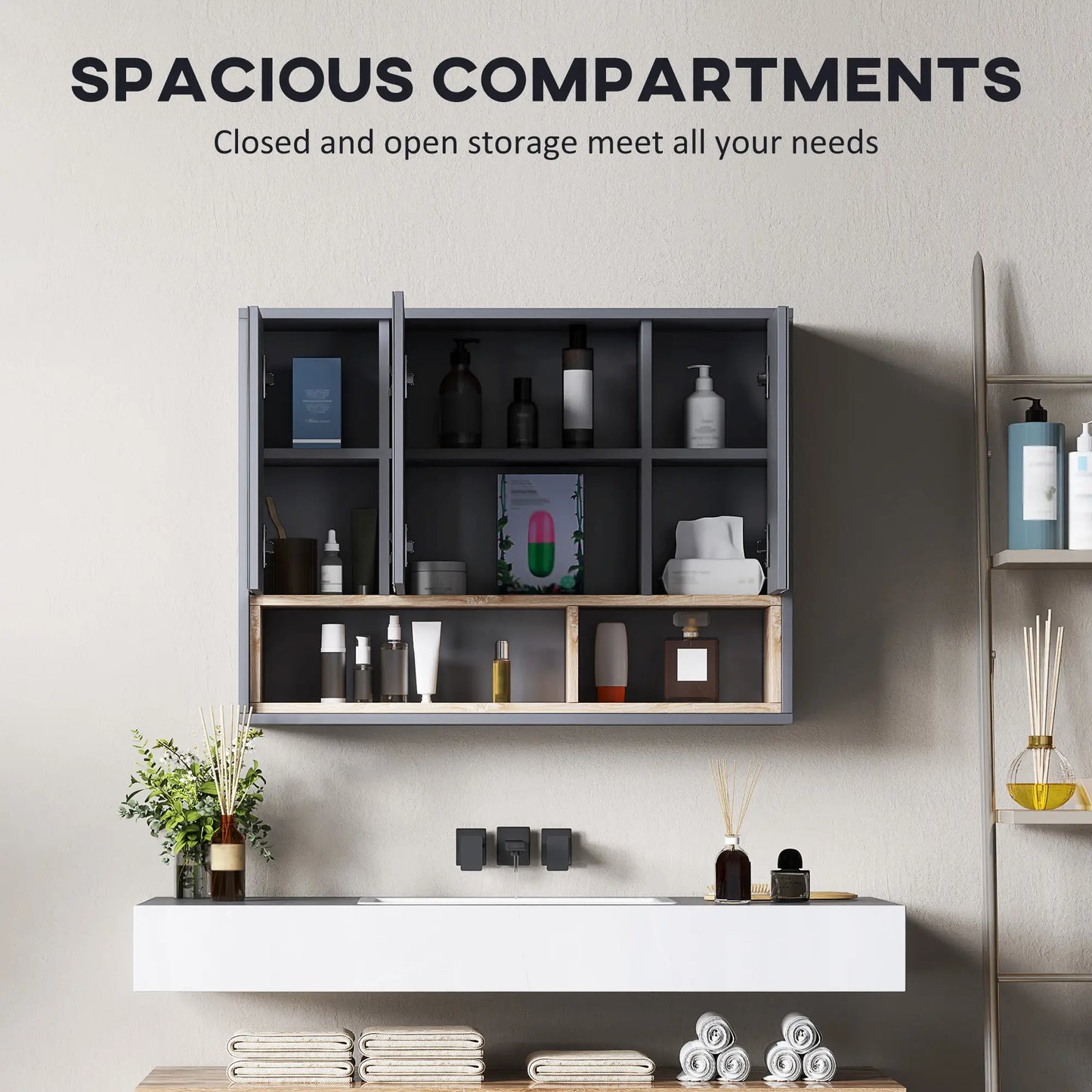 HOMCOM Bathroom Mirror Cabinet, Wall Mounted Cabinet with Mirror, 3 Doors & Cupboards, Grey