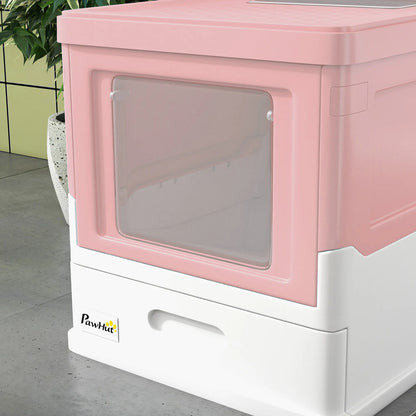 PawHut Hooded Cat Litter Box, Portable Pet Toilet with Scoop, Front Entry - Pink