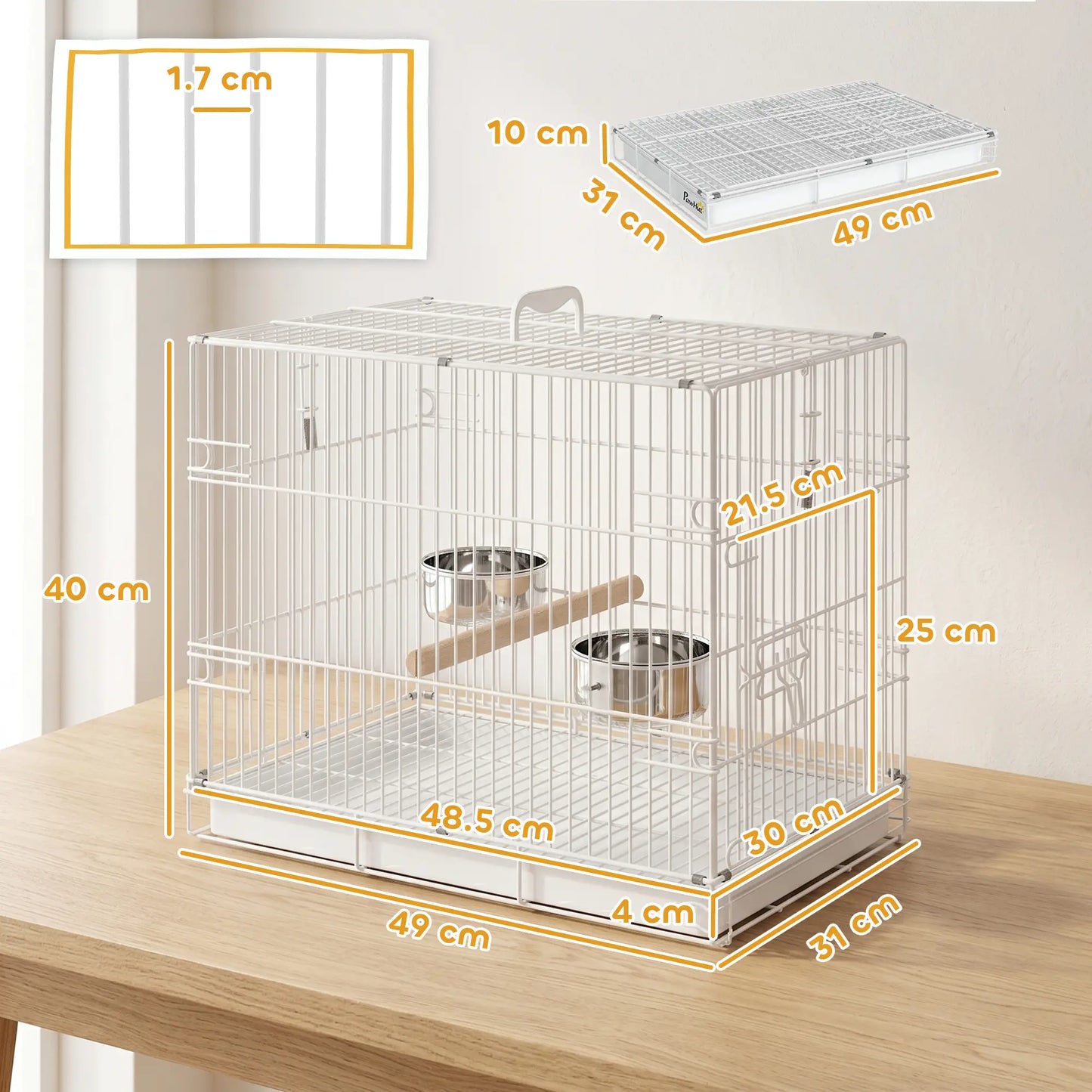 PawHut Bird Cage Foldable Portable Budgie Cage with Wooden Perch 2 Bowls for Travel, White
