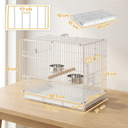 PawHut Bird Cage Foldable Portable Budgie Cage with Wooden Perch 2 Bowls for Travel, White