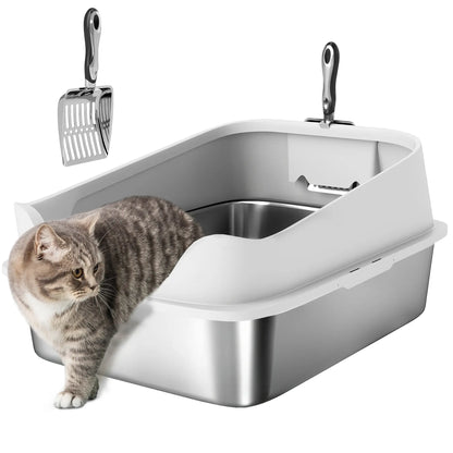 PawHut XL Stainless Steel Cat Litter Box with High Sides & Metal Scoop