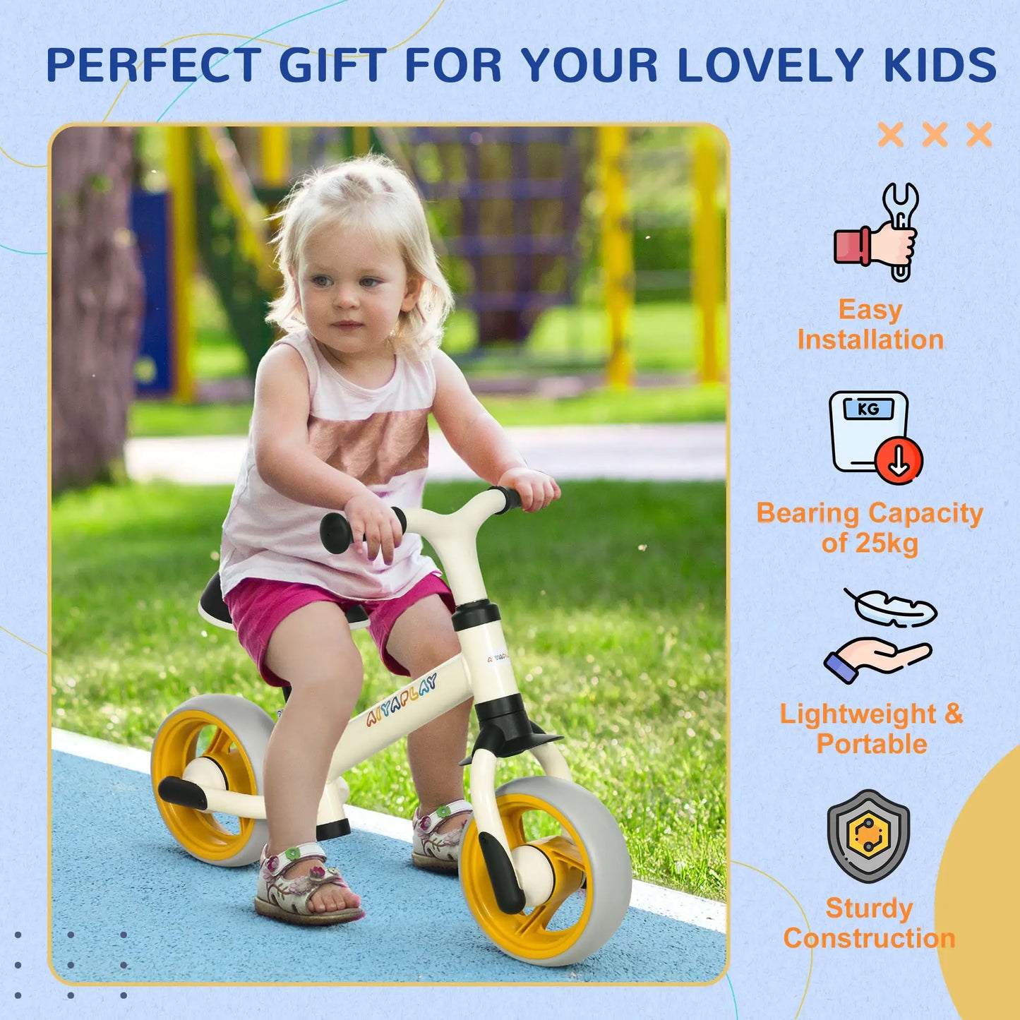 AIYAPLAY 8" Balance Bike, Lightweight Training Bike for Children with Adjustable Seat, EVA Wheels