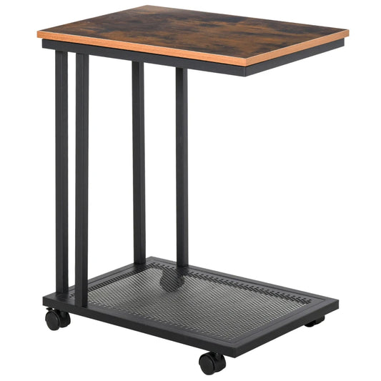 HOMCOM C Shaped Side Table with Wheels, Mobile End Table, Laptop Stand with Metal Frame & Storage Shelf, Rustic Brown