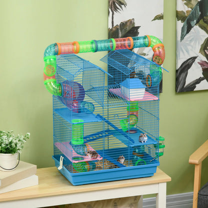 PawHut Hamster Cage, 5 Tier Carrier Habitat with Exercise Wheels Tunnel Tube House Ladder, Gerbil Cage for Dwarf Mice, Blue