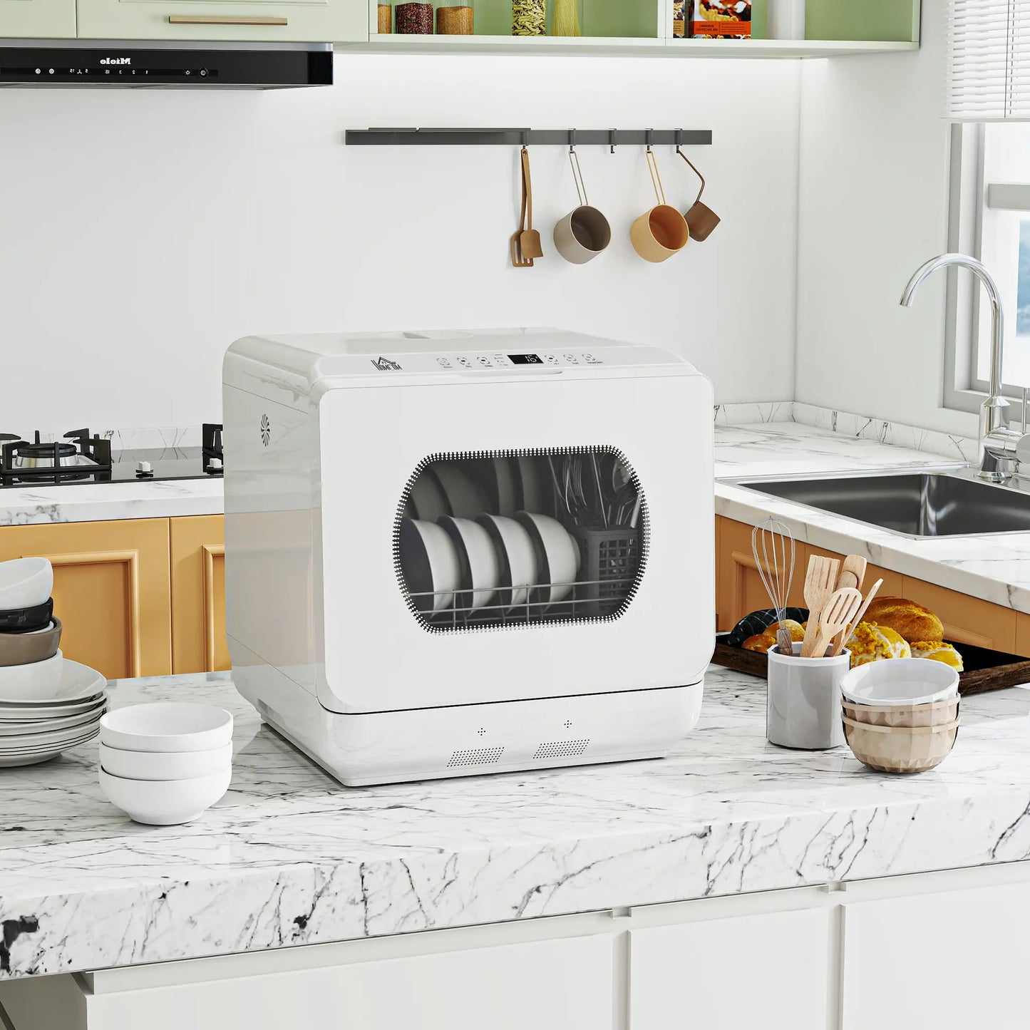 HOMCOM Table Top Dishwasher with Built-in 6L Water Tank, Mini Countertop Dishwasher with 6 Programs, White