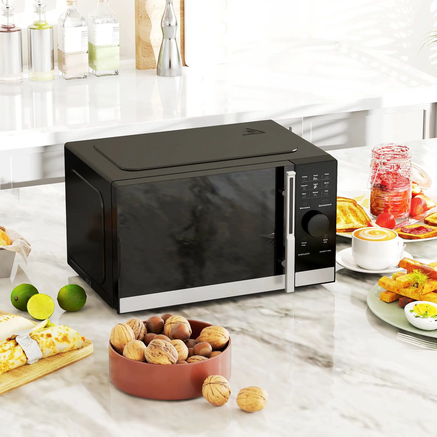 HOMCOM Small Digital Solo 23L 800W Microwave Oven with 10 Power Levels, Automatic Defrost, 8 Auto Cook Menus, 60 Minutes Timer, Black