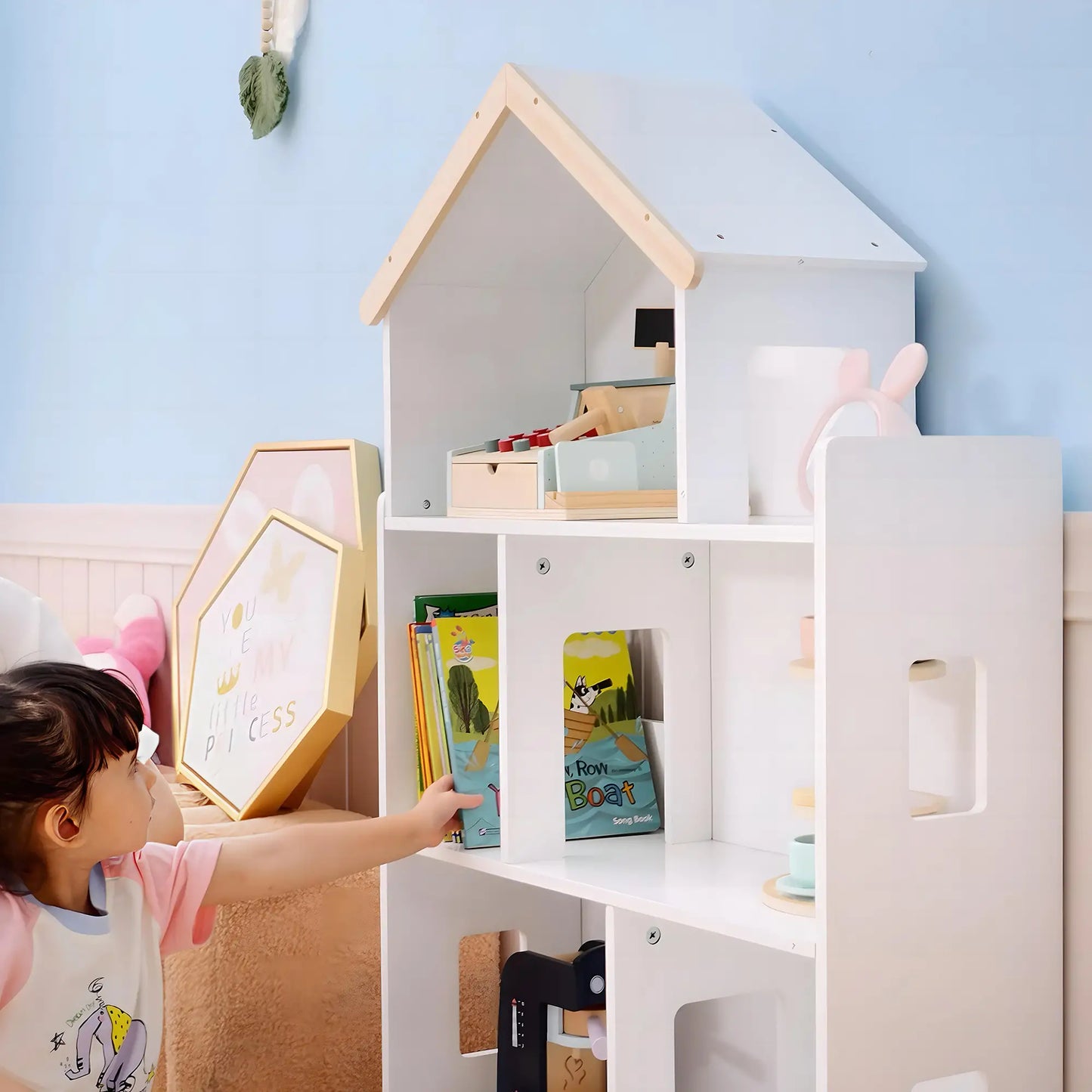 ZONEKIZ Three-Tier Toy Storage Shelf, Kids Bookcase with Six Cubes for Playroom, Bedroom - White