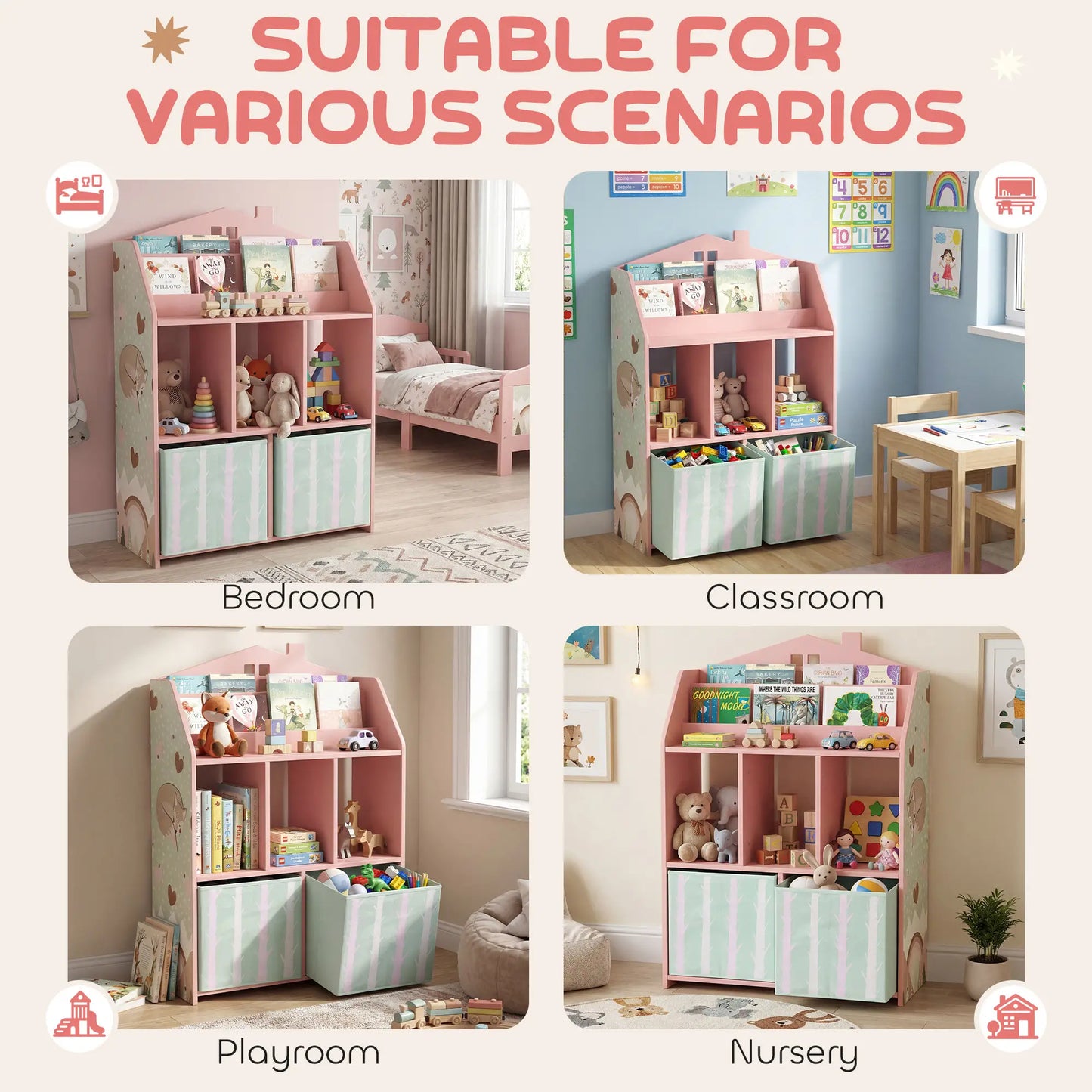 AIYAPLAY Kids Bookshelf with Toy Storage, Book Shelves and Fabric Drawers for Playroom, Pink