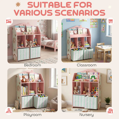 AIYAPLAY Kids Bookshelf with Toy Storage, Book Shelves and Fabric Drawers for Playroom, Pink
