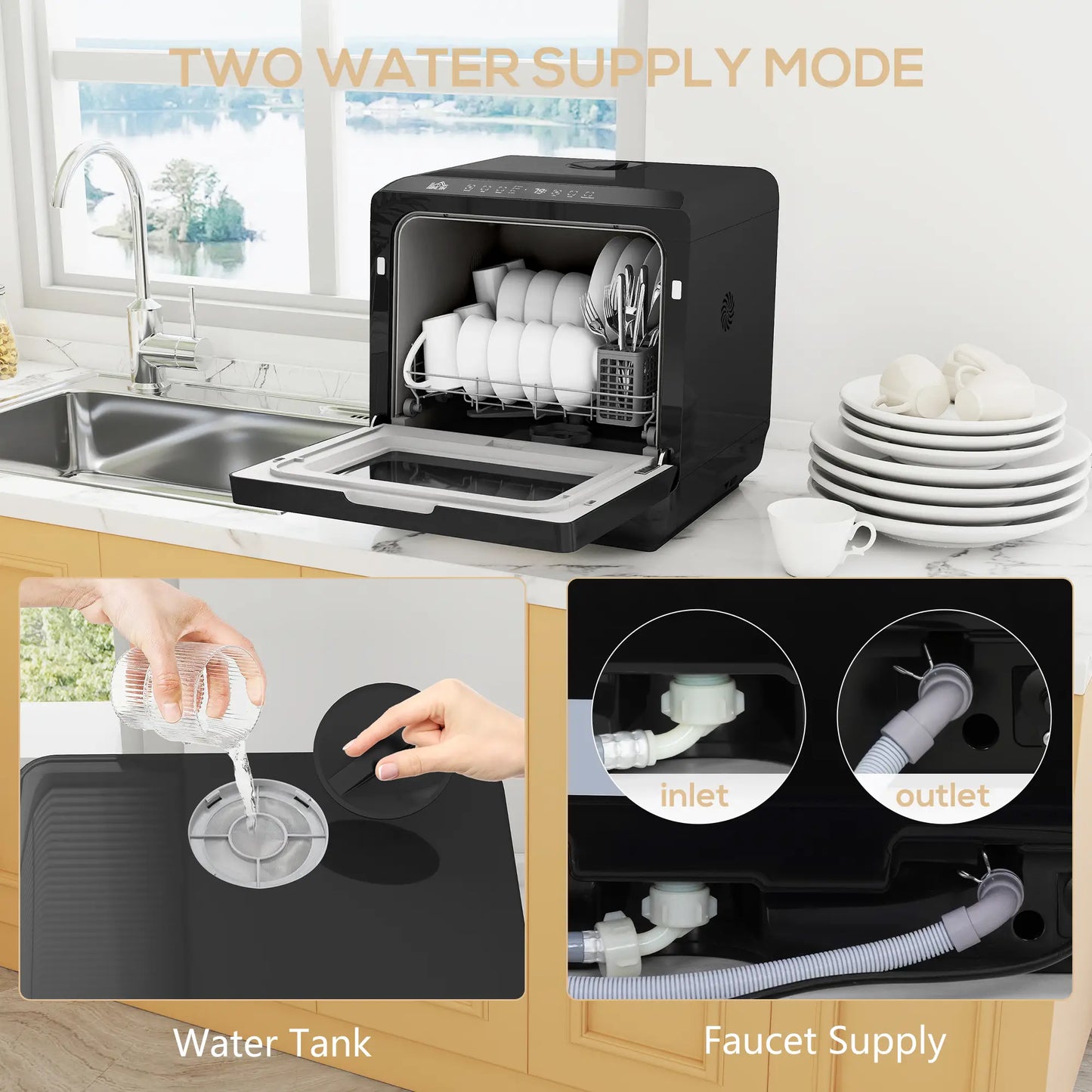 HOMCOM Table Top Dishwasher with Built-in 6L Water Tank, Mini Countertop Dishwasher with 6 Programs, Black