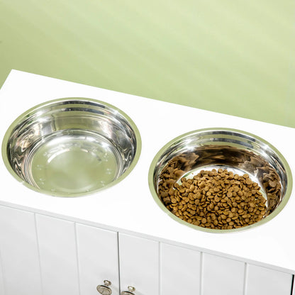 PawHut Raised Dog, Pet Feeder with Two Bowls, Storage - White