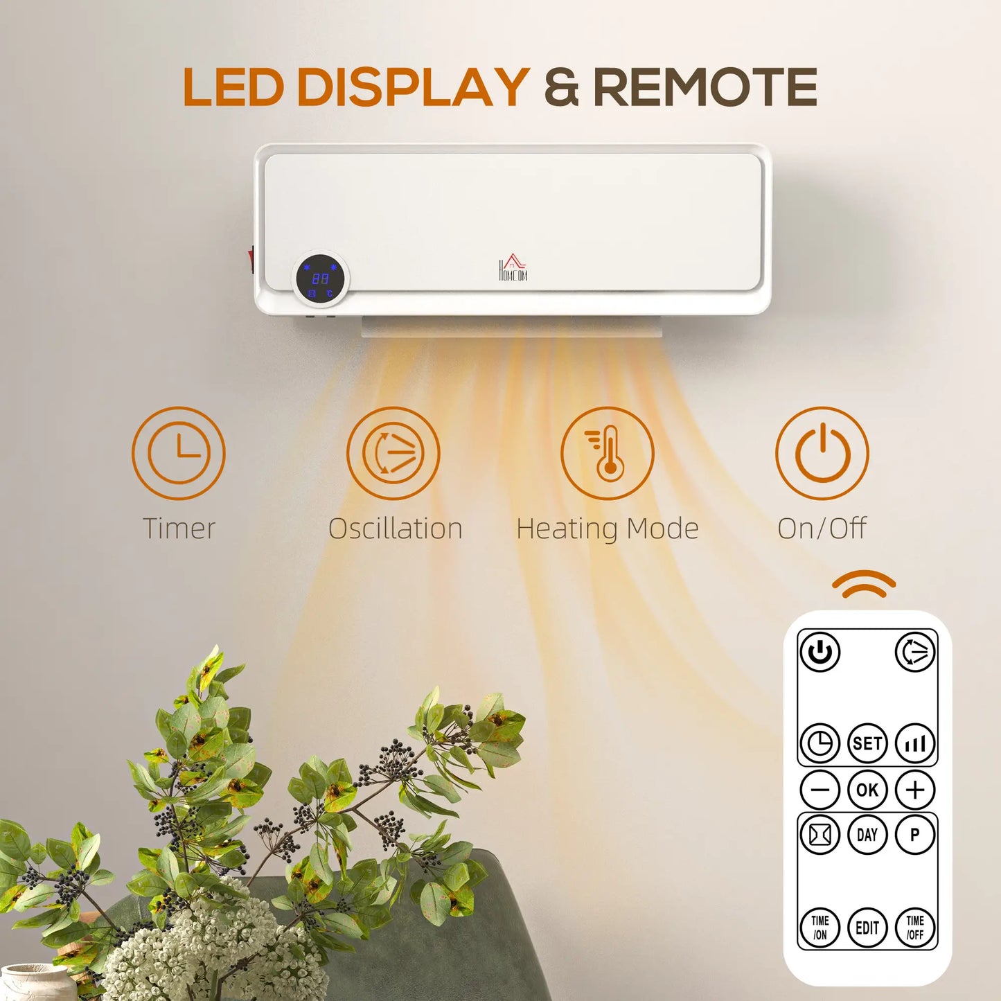 HOMCOM Wall Downflow Heater 2 Heat & Fan, Electric Space Heater with Timer Remote Oscillating, White