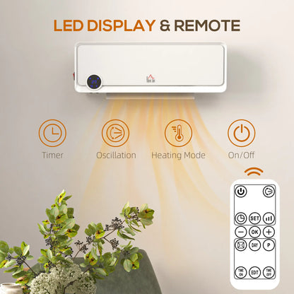 HOMCOM Wall Downflow Heater 2 Heat & Fan, Electric Space Heater with Timer Remote Oscillating, White
