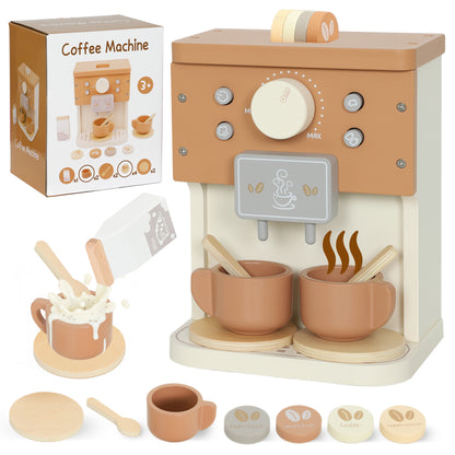 AIYAPLAY Kids Wooden Coffee Machine Toy, Pretend Play Kitchen Accessories Gift for Ages 3+