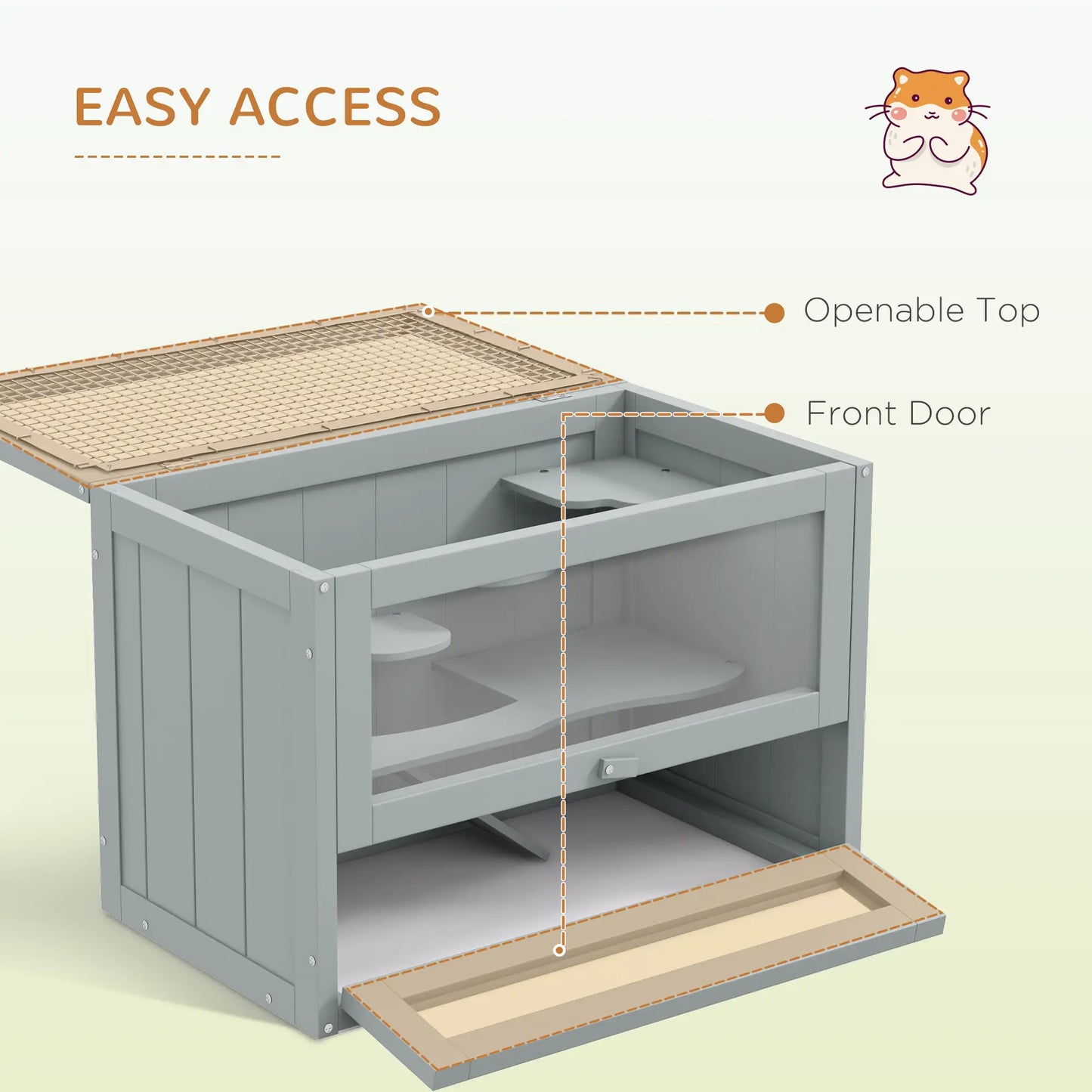 PawHut Wooden Hamster Cage Mouse Mice Rodent Small Animals Hutch Play House 60 x 35 x 42cm, Grey