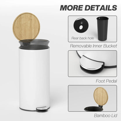 HOMCOM Kitchen Bin, 30 Litre Pedal Rubbish Bin with Removable Bucket, White, Natural