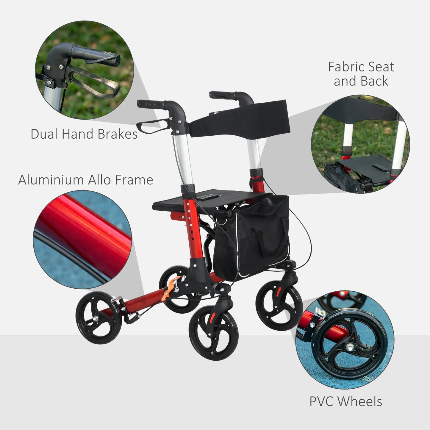 HOMCOM Folding 4 Wheeled Rollator Walker with Seat and Backrest, Lightweight Walking Frame, Dual Brakes, Adjustable Handle Height