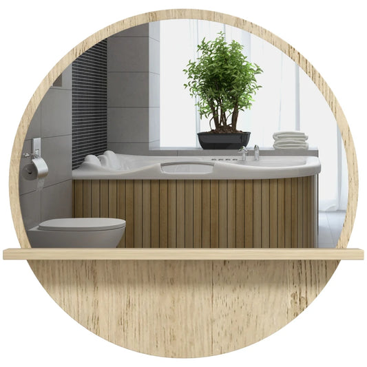 kleankin 45cm Round Home Bathroom Mirror, with Shelf - Natural Wood Effect