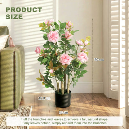 HOMCOM Artificial Rose Tree, Decorative Fake Plant with 344 Silk Leaves 17 Flowers for Outdoor Indoor Decor, Pink