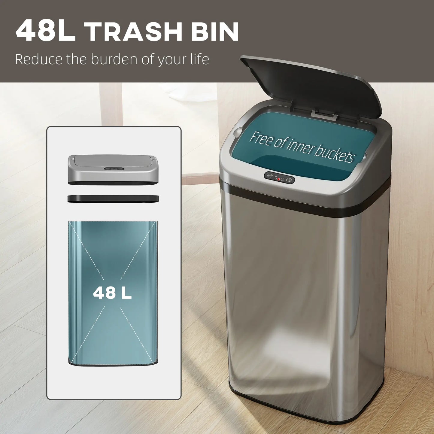 HOMCOM 48L Stainless Steel Kitchen Rubbish Sensor Bin - Silver-Tone