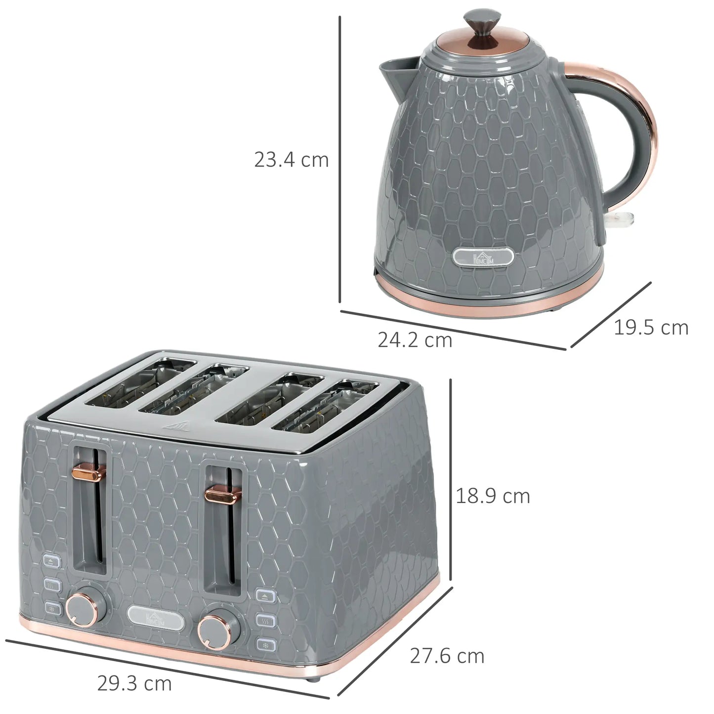 HOMCOM 1.7L 3000W Fast Boil Kettle & 4 Slice Toaster Kitchen Set with 7 Browning Controls, Crumb Tray, Grey