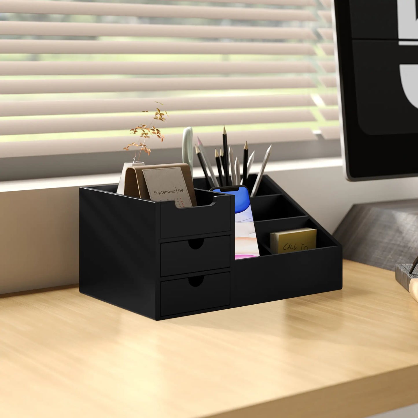 HOMCOM Desk Organiser Holder, Bamboo Multi-Function Storage Caddy with 7 Storage Compartments and 2 Drawers for Home & Office