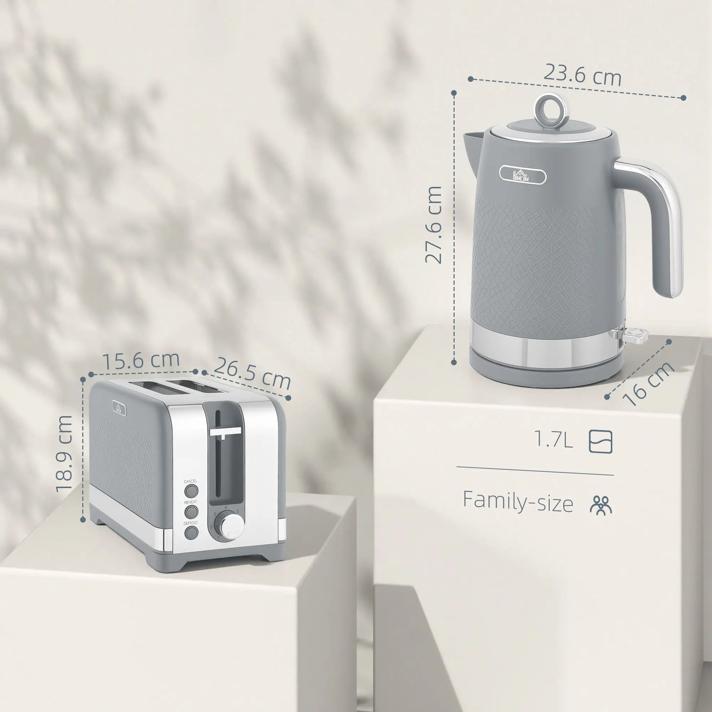 HOMCOM Sleek Textured Rapid Boil Kettle & Two-Slice Toaster Kitchen Set - Grey
