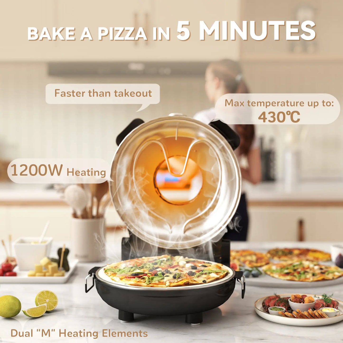 HOMCOM 1200W Pizza Oven, 12'' Electric Pizza Maker with Viewing Window, Dual Knob Temp & Timer Control, Black