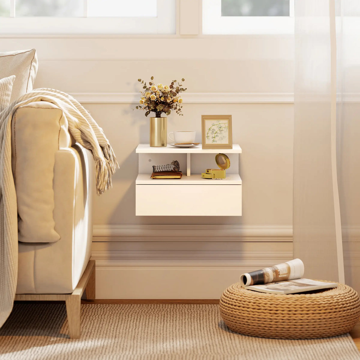 HOMCOM Set of Two Floating Bedside Tables Wall-Mounted Side Table - White