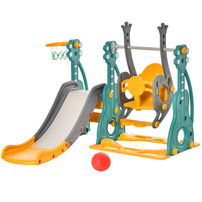 HOMCOM 3-IN-1 Kids Swing & Slide Set with Basketball Hoop Slide Swing Adjustable Seat Height Toddler Activity Indoor & Outdoor Play