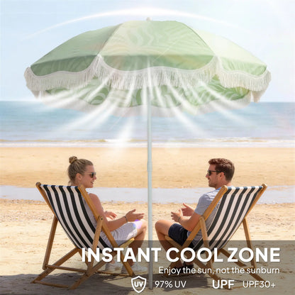 Outsunny Beach Umbrella Parasol with Sand Anchor, Portable Tilting Garden Parasol with Adjustable Height, Green