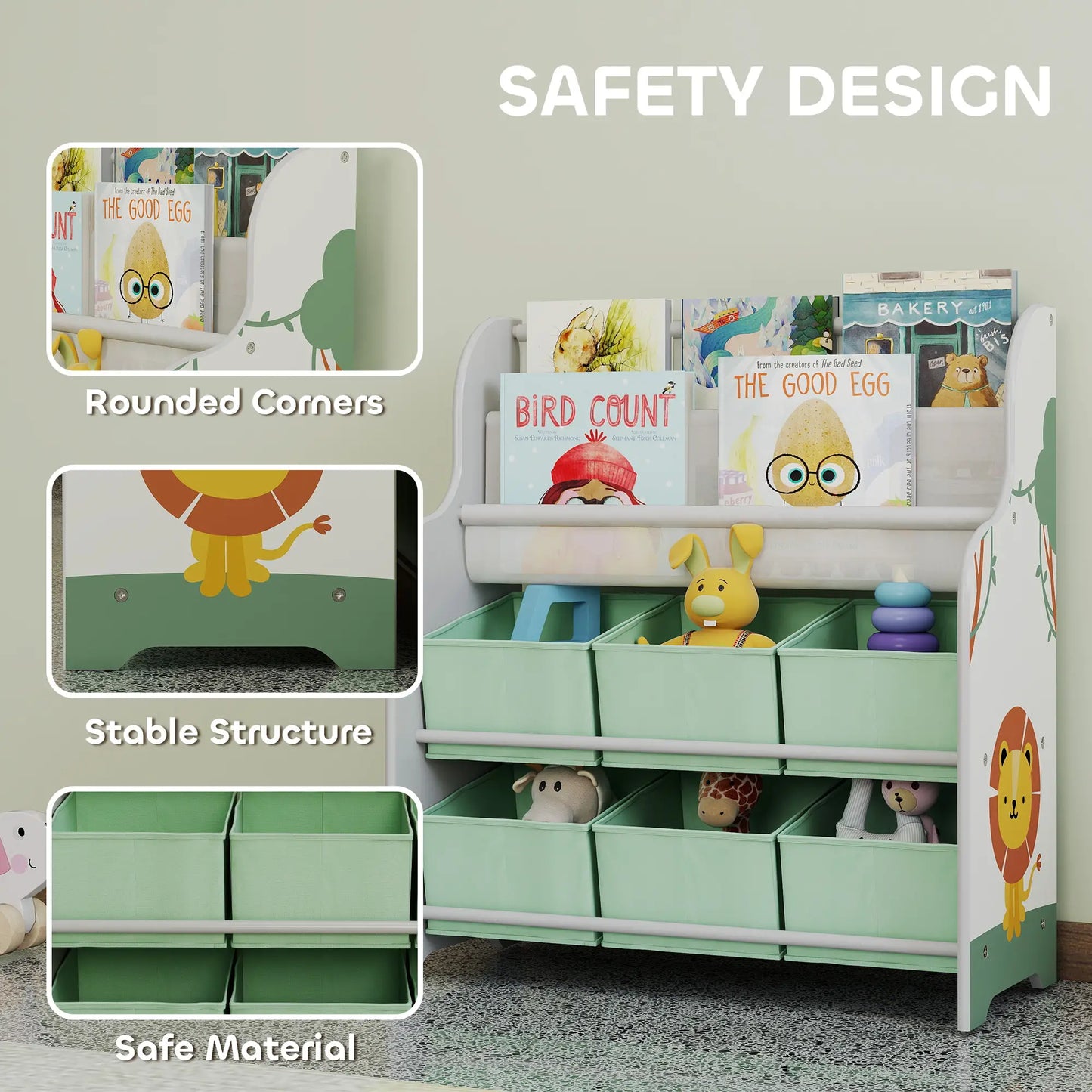 AIYAPLAY Kids Storage Unit, Toy Organiser with 6 Fabric Drawers & 2-Tier Book Rack for Bedroom, Playroom, Green