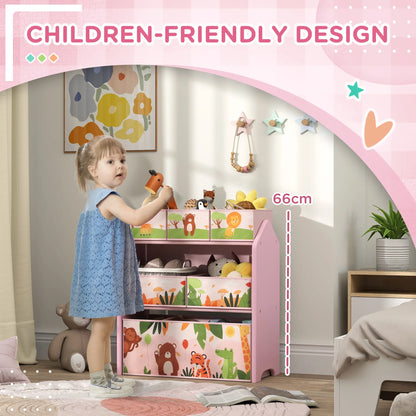 AIYAPLAY 3-Tier Kids Toy Storage Unit with 6 Removable Storage Boxes, for Playroom, Bedroom, Nursery, Pink