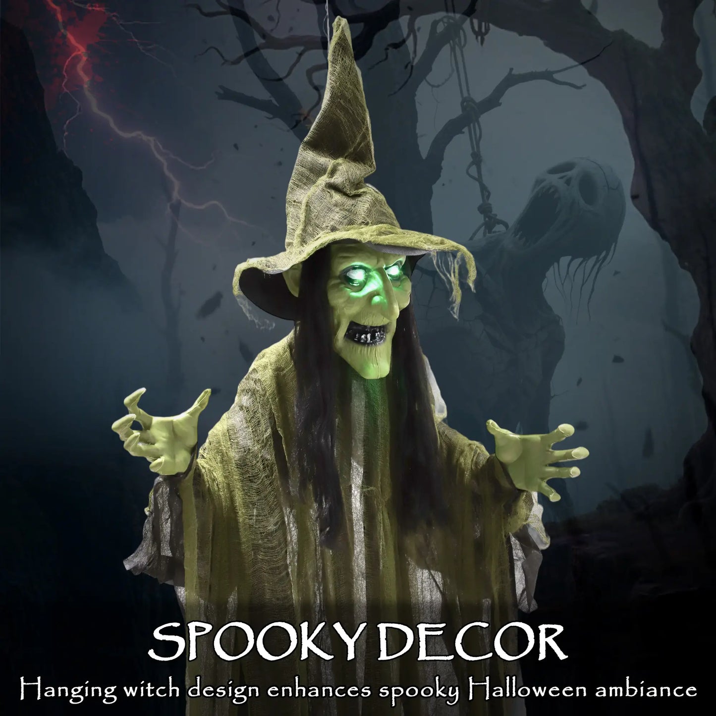Outsunny 170 cm Hanging Halloween Animated Spooky Witch with Glowing LED Eyes, Scary Halloween Decorations, Battery Operated