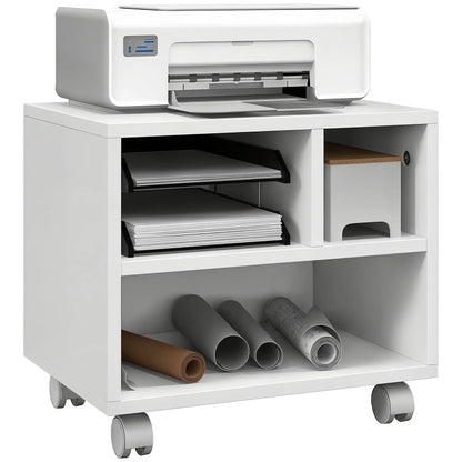 HOMCOM Three-Compartment Office Storage Printer Cabinet with Wheels - White