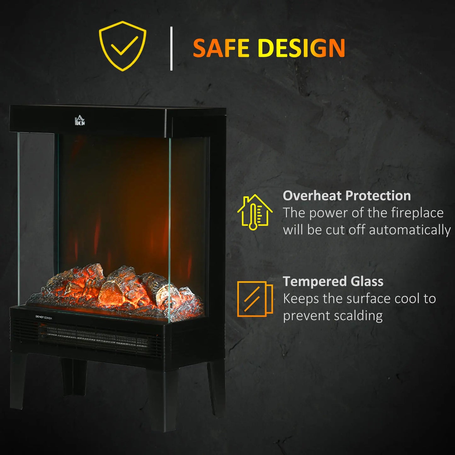 HOMCOM 180° Charming Electric Fireplace Heater, Quiet Freestanding Stove with LED Flame Effect, Overheating Protection, Black