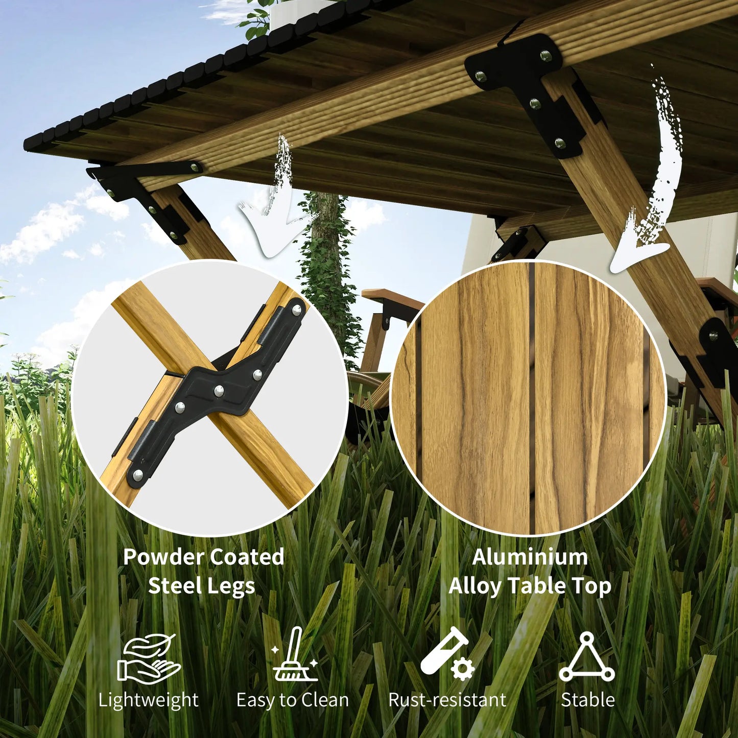 Outsunny 4ft Aluminium Portable Folding Camping Table with Roll-Up Top, Picnic Table for Indoor, Outdoor, Party, BBQ, Wood Effect