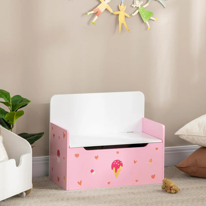 ZONEKIZ 2-in-1 Kids Wooden Storage Chest Bench, Toy Organiser Box w/ Safety Rod - Pink