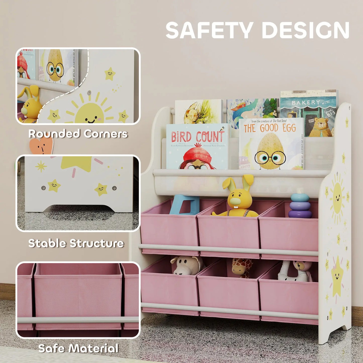 AIYAPLAY Kids Storage Unit, Toy Organiser with 6 Fabric Drawers and 2-Tier Sling Book Rack for Bedroom, Playroom, Pink
