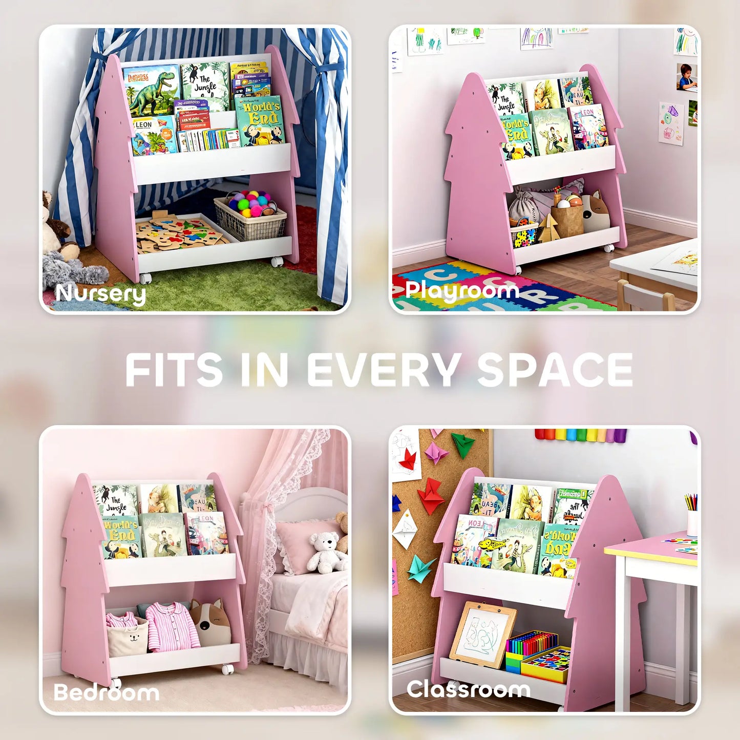AIYAPLAY Kids Bookshelf with Toy Storage & Wheels, Double-Sided Bookcase, 3 Tier Book Rack for Bedroom, Pink