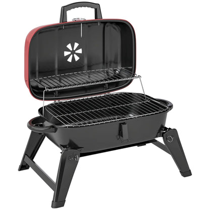 Outsunny Charcoal Barbecue Grill Folding BBQ Grill with Adjustable Vent, Thermometer, Handles for Camping Picnic, Red