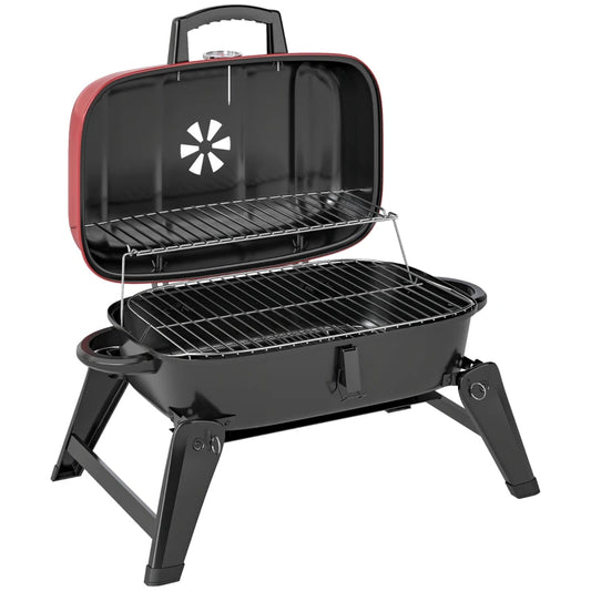 Outsunny Charcoal Barbecue Grill Folding BBQ Grill with Adjustable Vent, Thermometer, Handles for Camping Picnic, Red