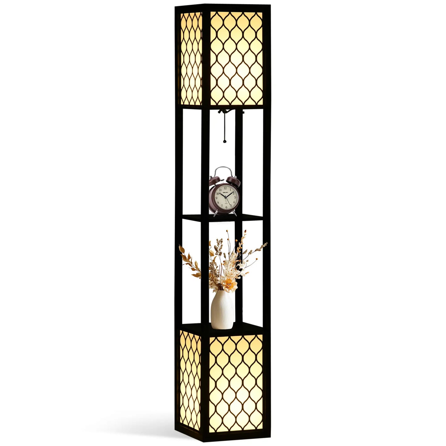 HOMCOM Floor Lamp with Shelves, Modern Tall Standing Lamp with Fabric Lampshade and Dual Light, Black
