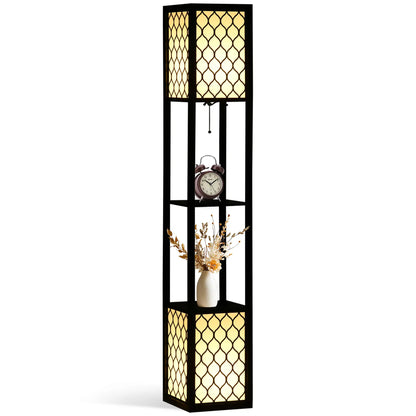 HOMCOM Floor Lamp with Shelves, Modern Tall Standing Lamp with Fabric Lampshade and Dual Light, Black