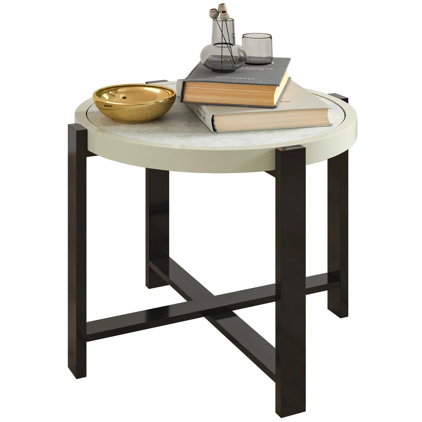 Outsunny Round Small Garden Outdoor Side Table with Faux Marble Tempered Glass Top, Aluminium Frame, Light Grey