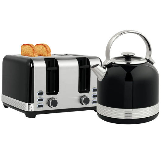 HOMCOM Polished Metal Stainless Steel Kettle 1.7L and Toaster Set - Black