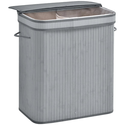 HOMCOM 100L Natural Wood Laundry Basket Compartment w/Flip Lid Removable Lining Handles Foldable, Dirty Clothes Storage, Grey