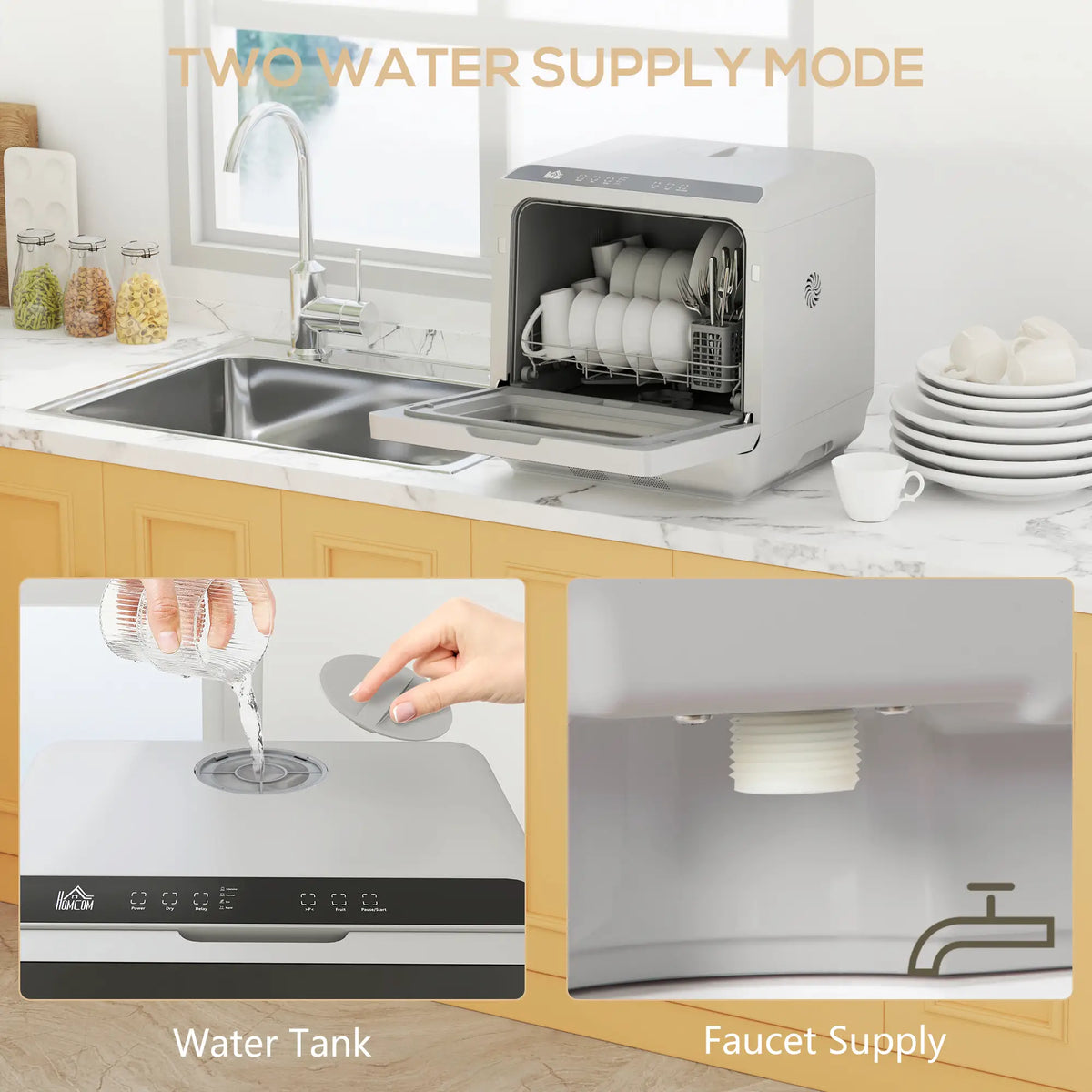 HOMCOM Table Top Dishwasher with Built-in 6L Water Tank, Mini Countertop Dishwasher with 6 Programs, Silver Tone