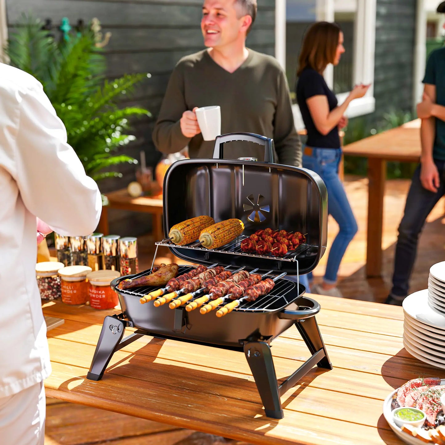 Outsunny Charcoal Barbecue Grill Folding Portable BBQ Grill with Thermometer for Camping & Picnic, Black
