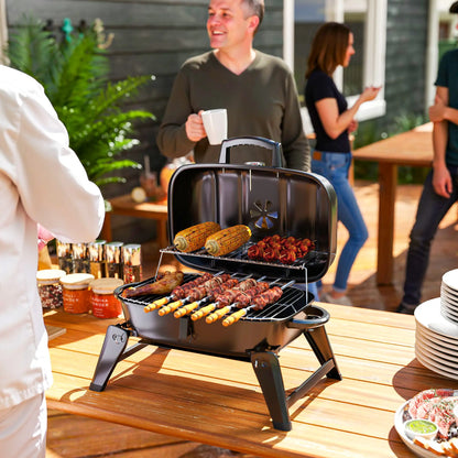 Outsunny Charcoal Barbecue Grill Folding Portable BBQ Grill with Thermometer for Camping & Picnic, Black